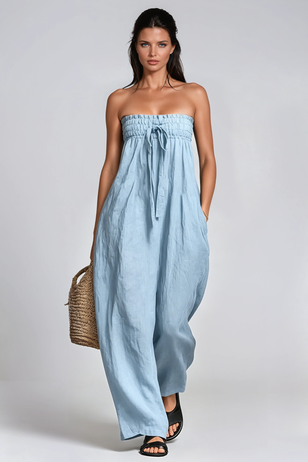 Floris Strapless Ruch Jumpsuit In Blue