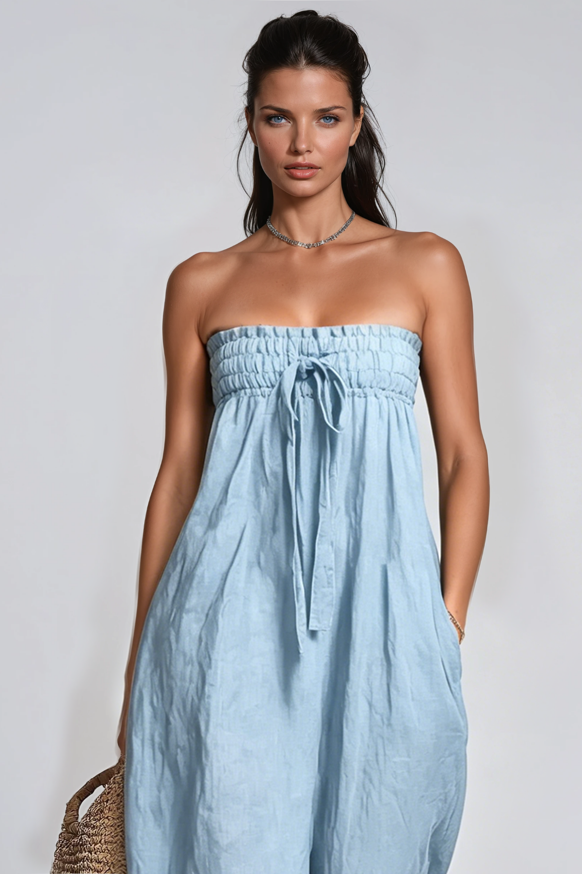 Floris Strapless Ruch Jumpsuit In Blue