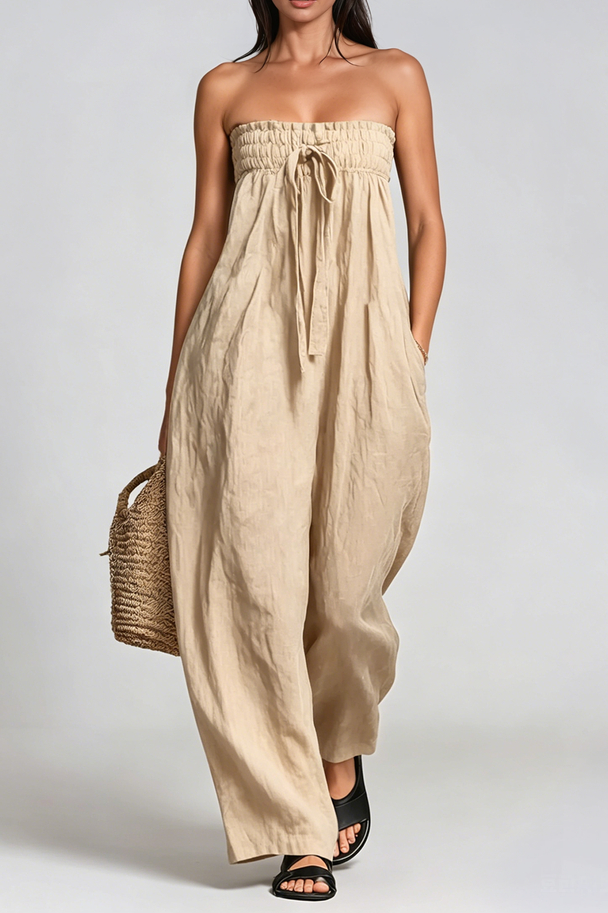 Floris Strapless Ruch Jumpsuit In Apricot