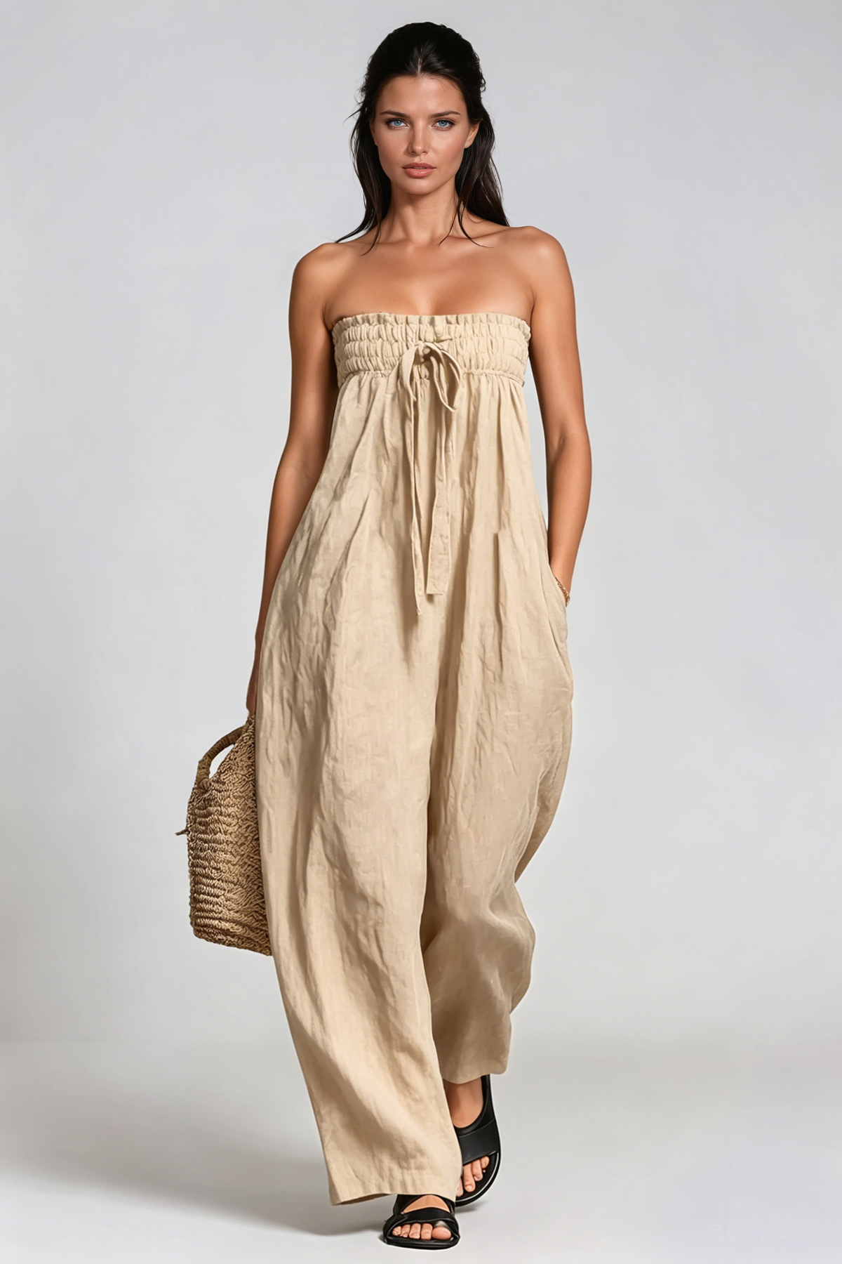Floris Strapless Ruch Jumpsuit In Apricot