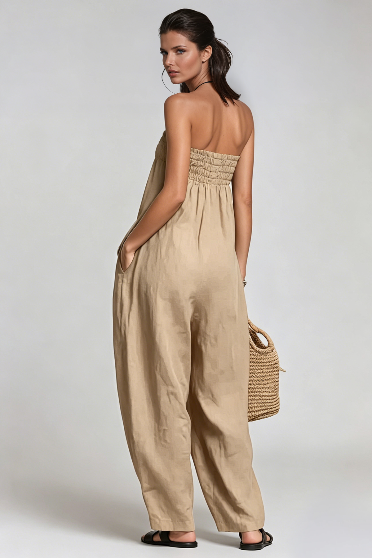 Floris Strapless Ruch Jumpsuit In Apricot