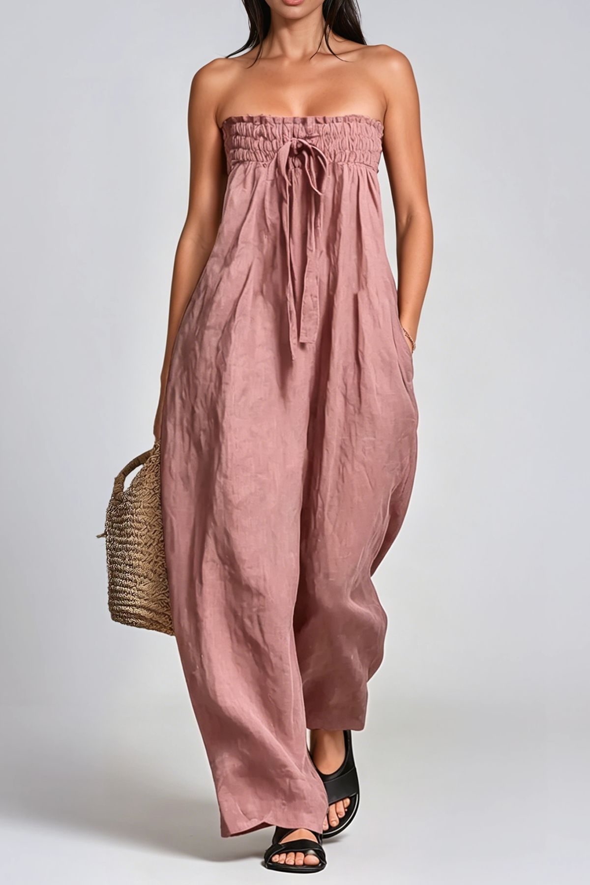 Floris Strapless Ruch Jumpsuit In Blush