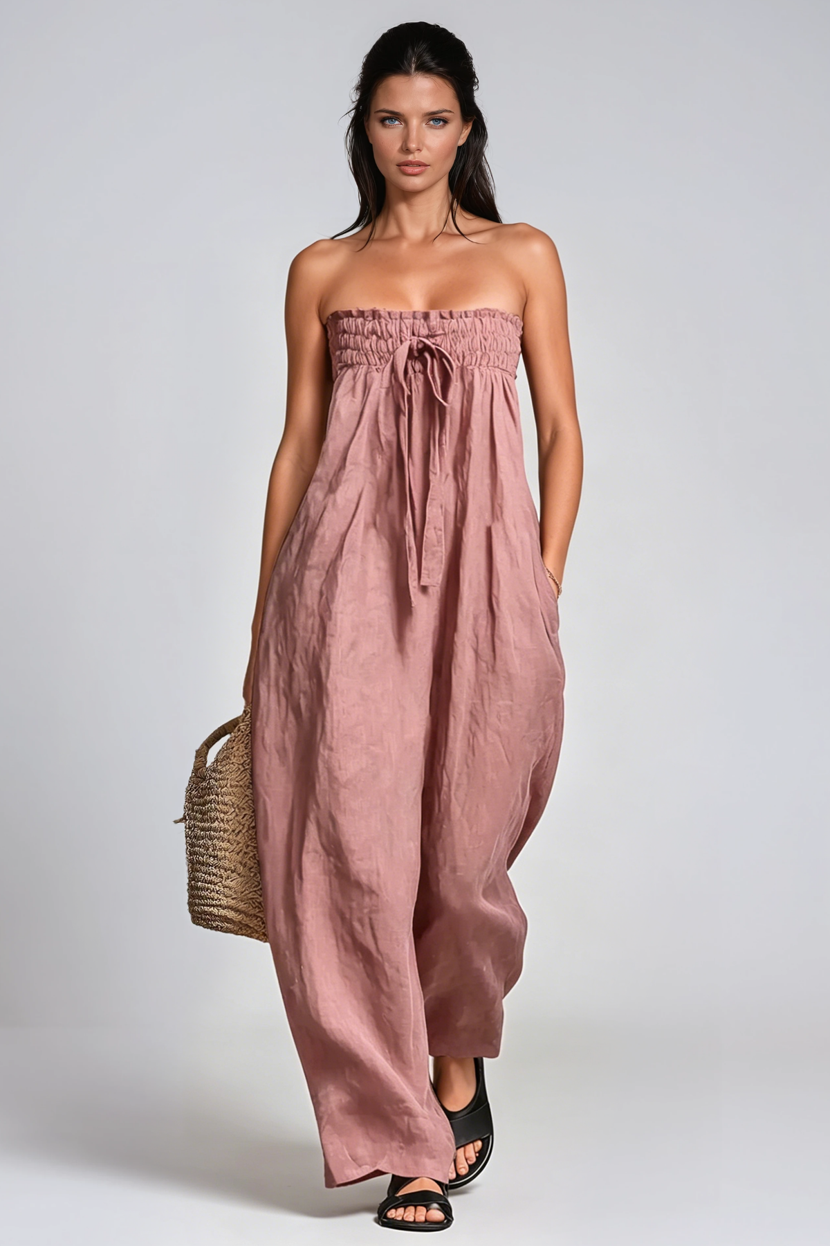 Floris Strapless Ruch Jumpsuit In Blush
