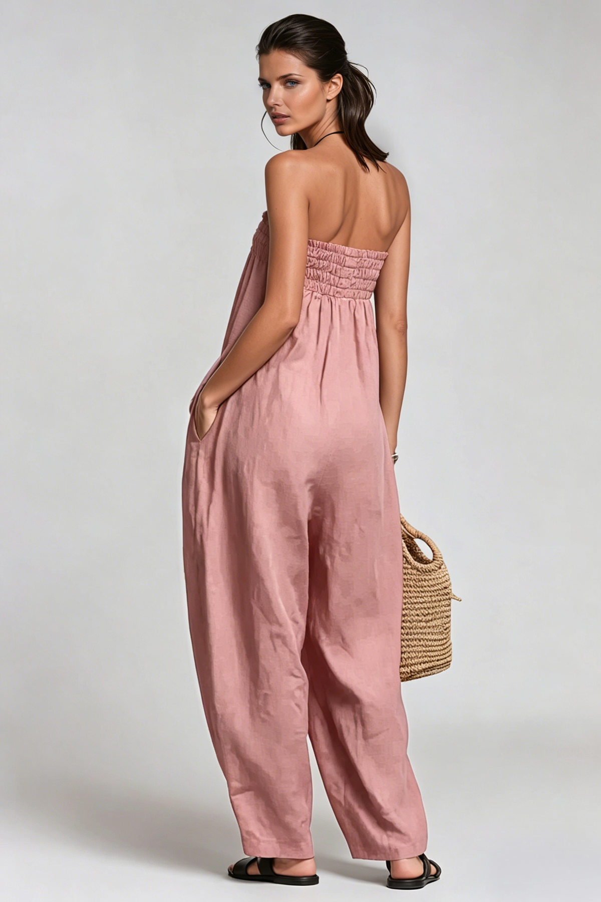Floris Strapless Ruch Jumpsuit In Blush