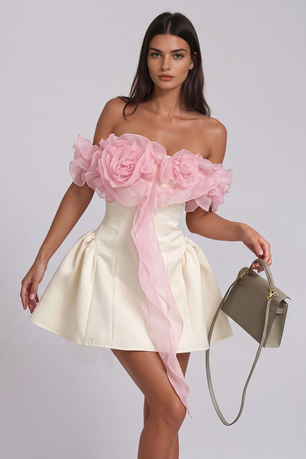 Florus Flower Off Shoulder Puffy Mini Dress In Pink