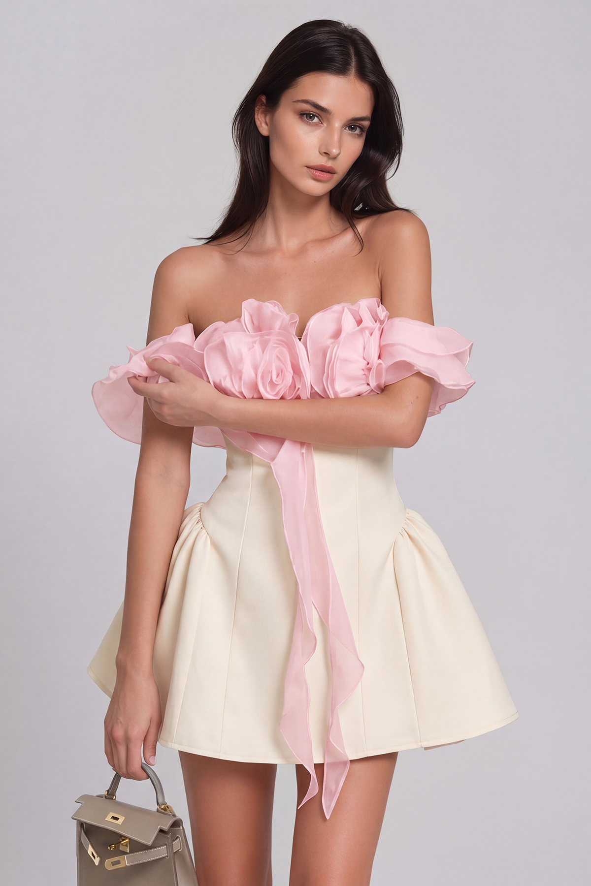 Florus Flower Off Shoulder Puffy Mini Dress In Pink