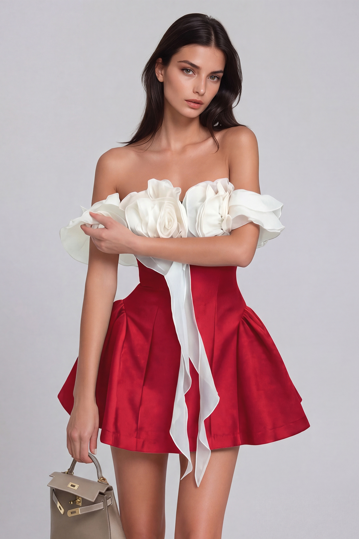Florus Flower Off Shoulder Puffy Mini Dress In Red