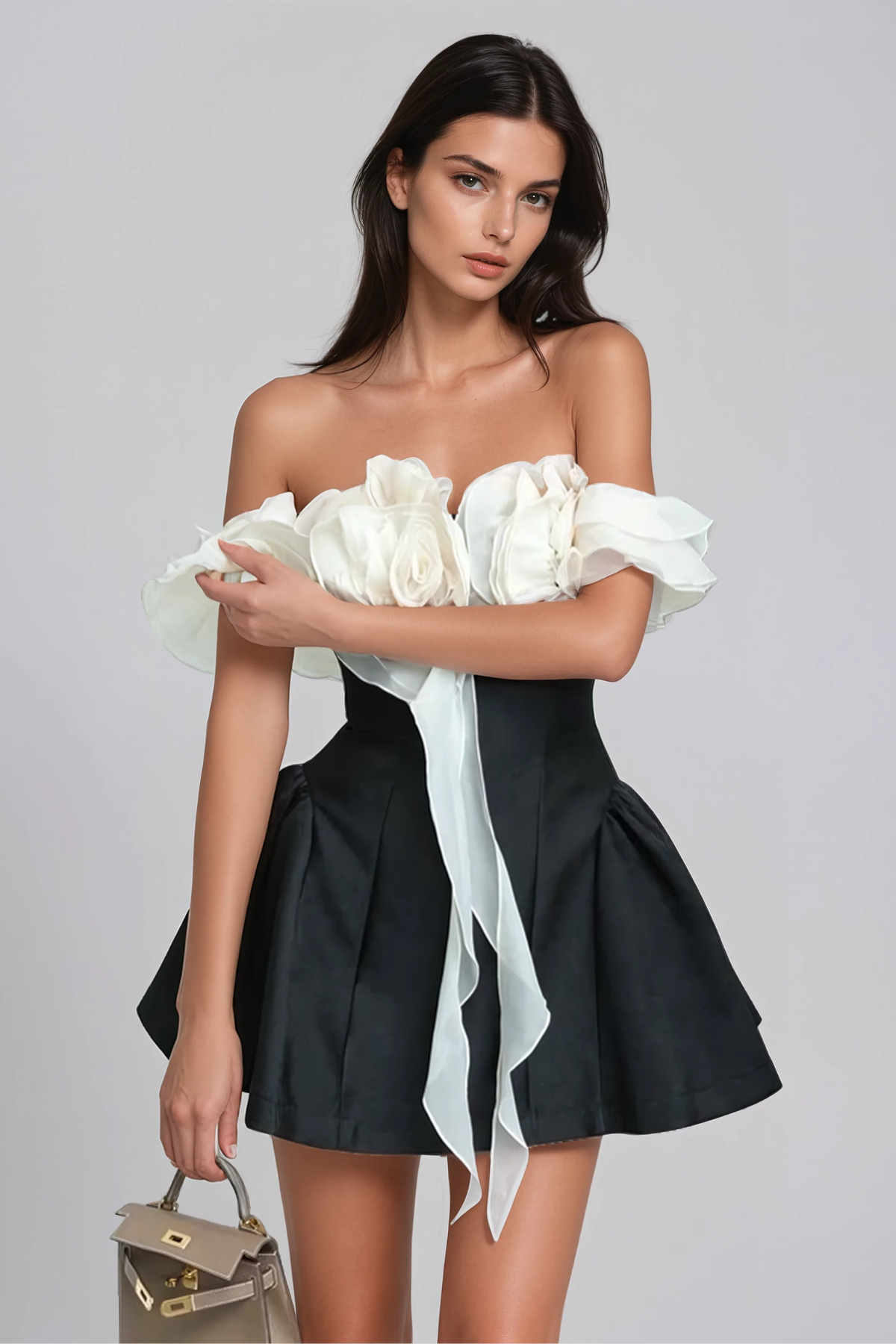 Florus Flower Off Shoulder Puffy Mini Dress