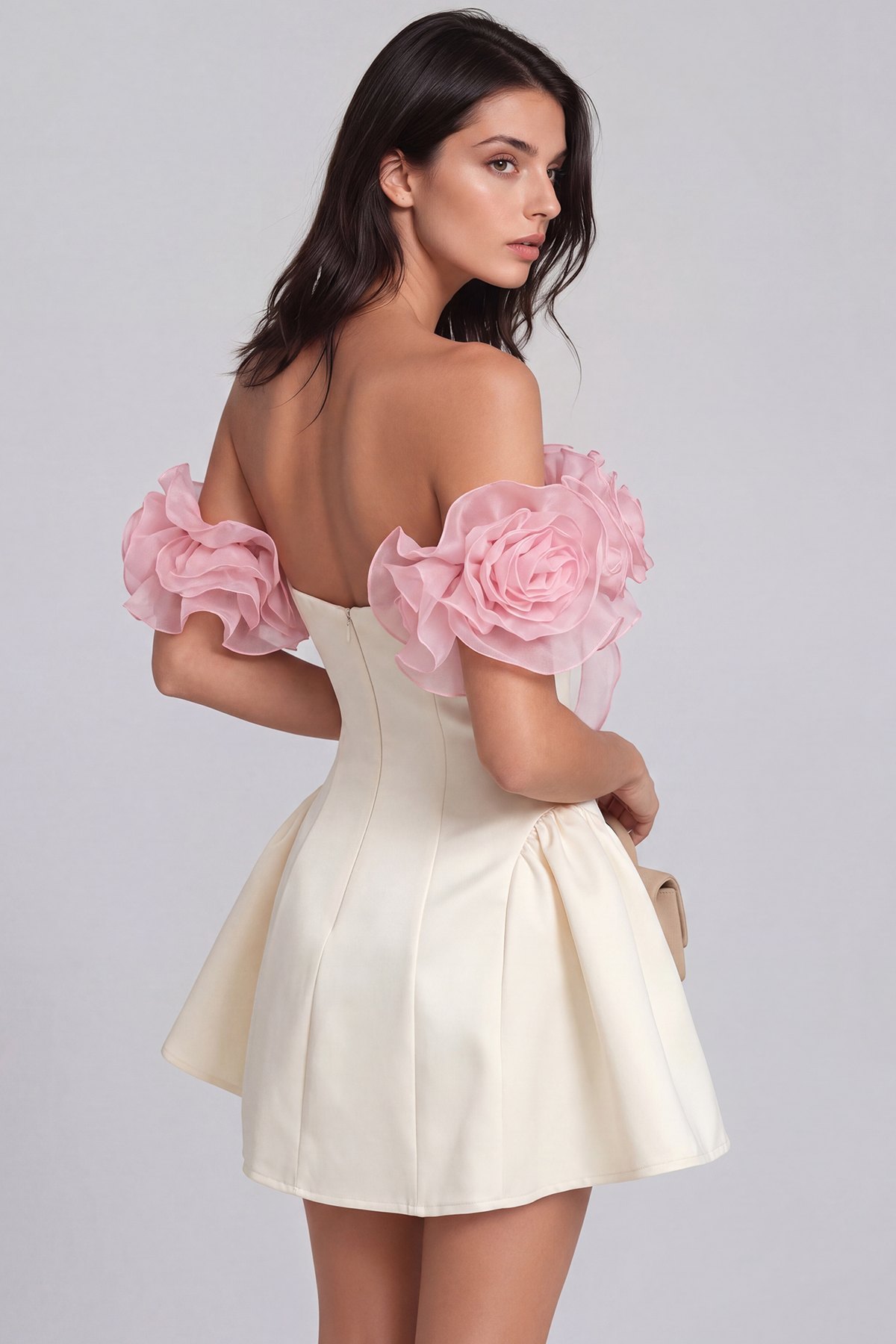 Florus Flower Off Shoulder Puffy Mini Dress In Pink