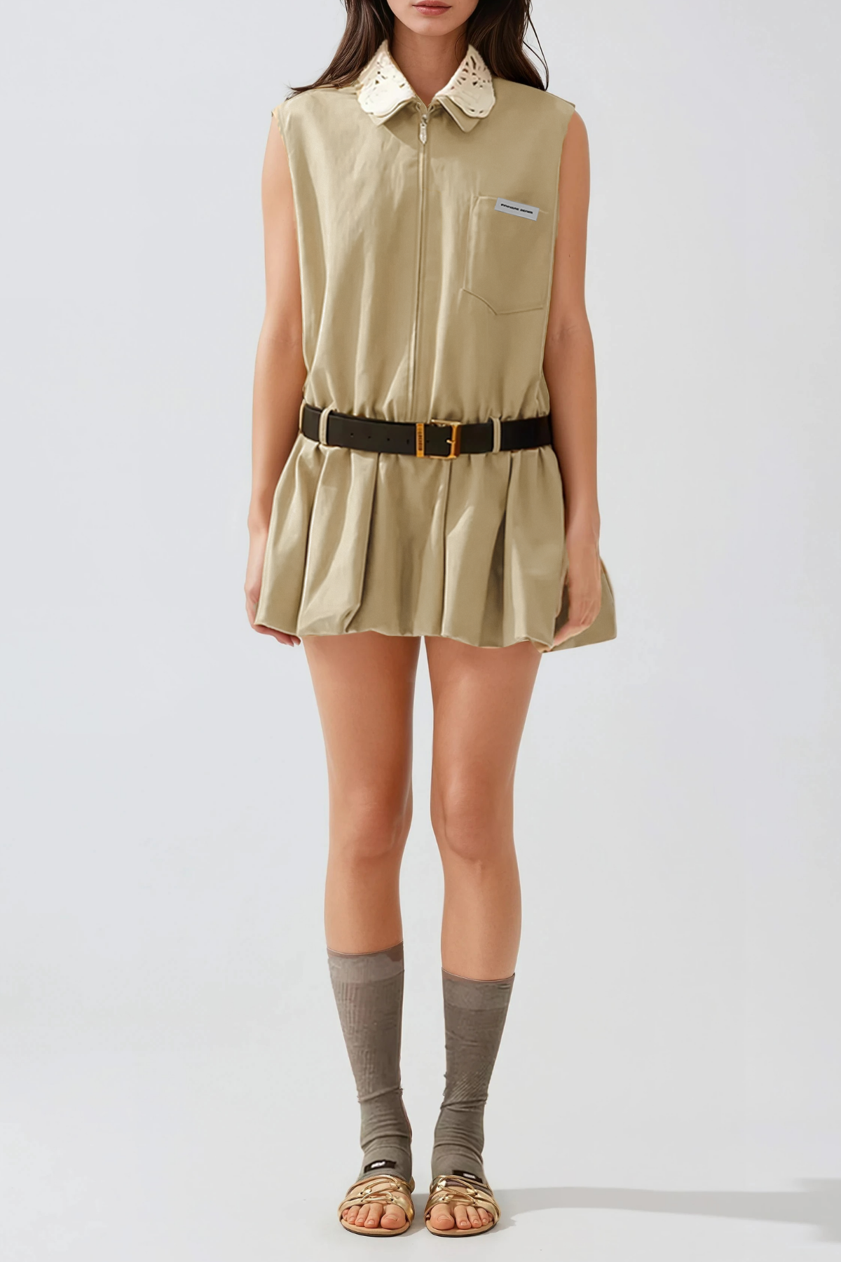 Flossie Sleeveless Bubble Mini Dress In Khaki