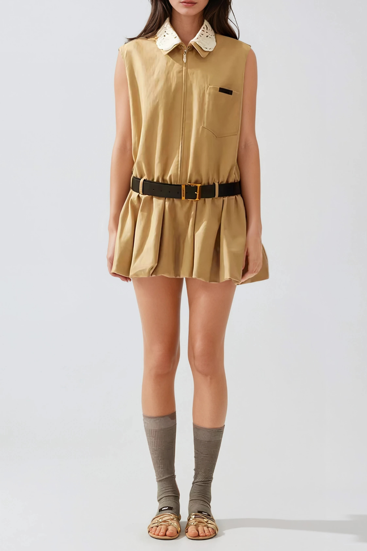 Flossie Sleeveless Bubble Mini Dress In Khaki