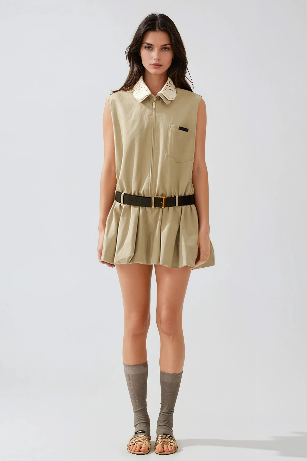 Flossie Sleeveless Bubble Mini Dress In Khaki