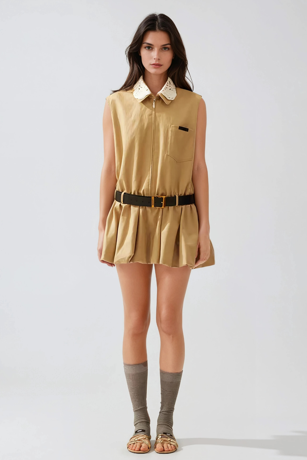 Flossie Sleeveless Bubble Mini Dress In Khaki