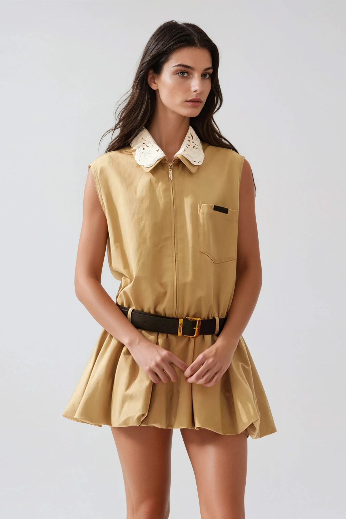 Flossie Sleeveless Bubble Mini Dress In Khaki