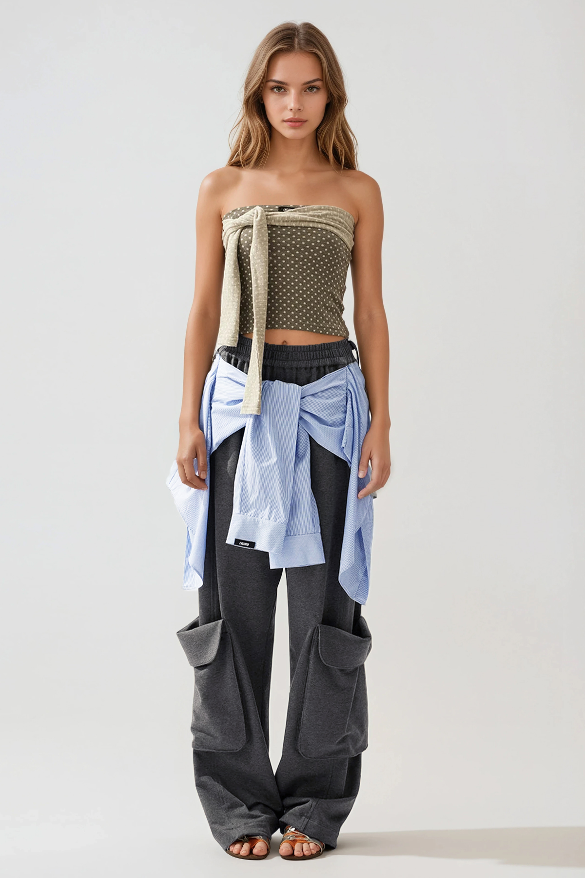 Flower Tie Up Cargo Pants In Grey