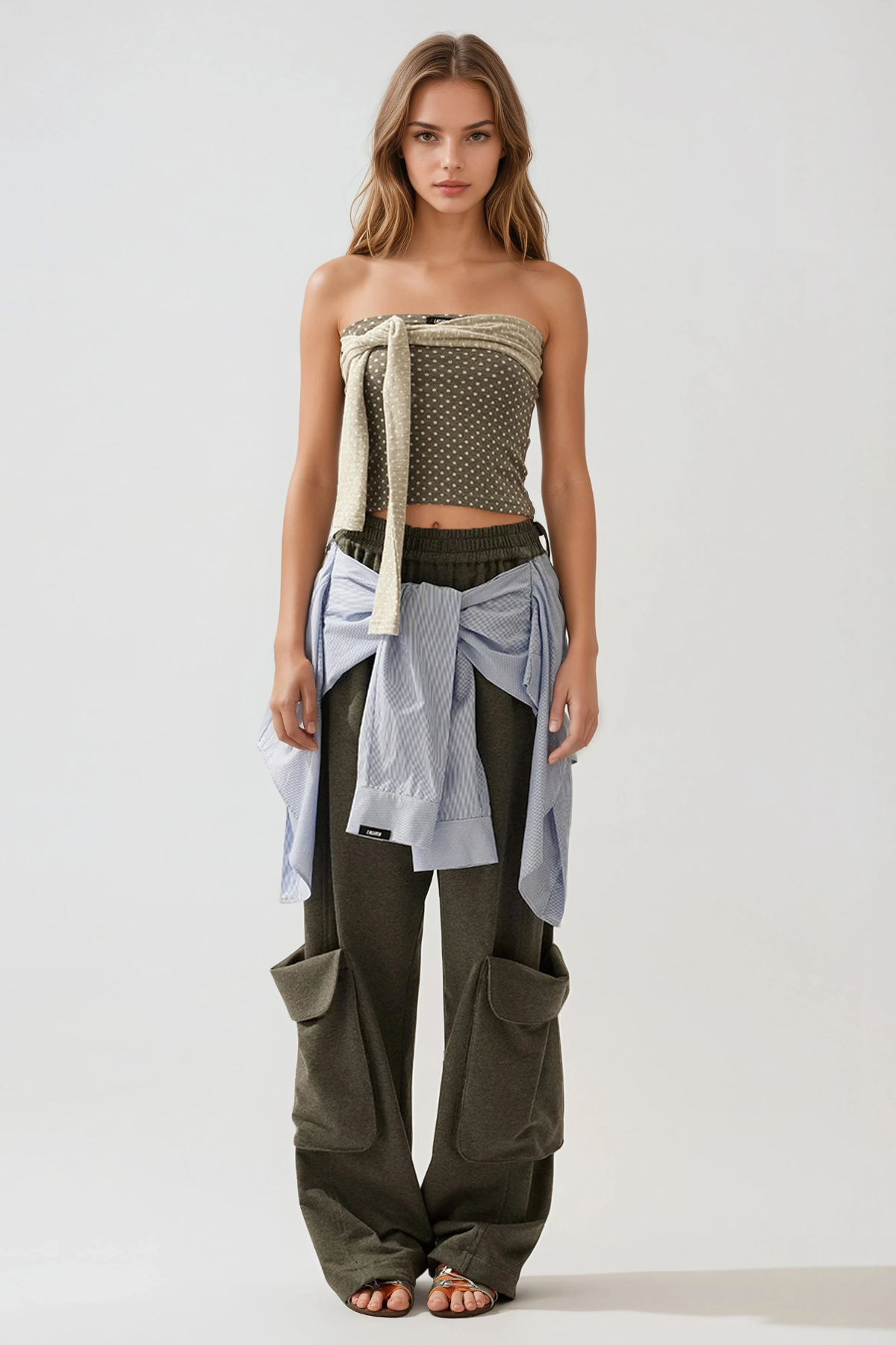 Flower Tie Up Cargo Pants In Grey