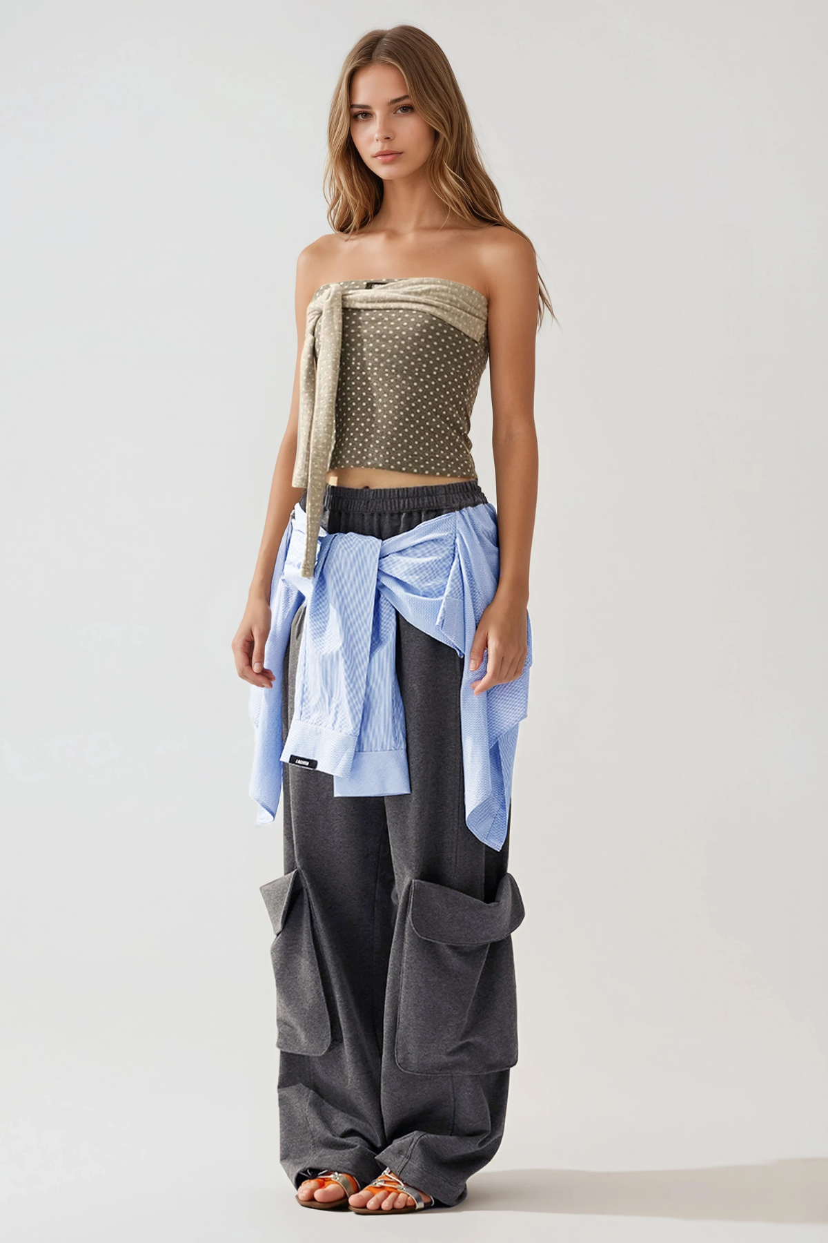 Flower Tie Up Cargo Pants In Grey