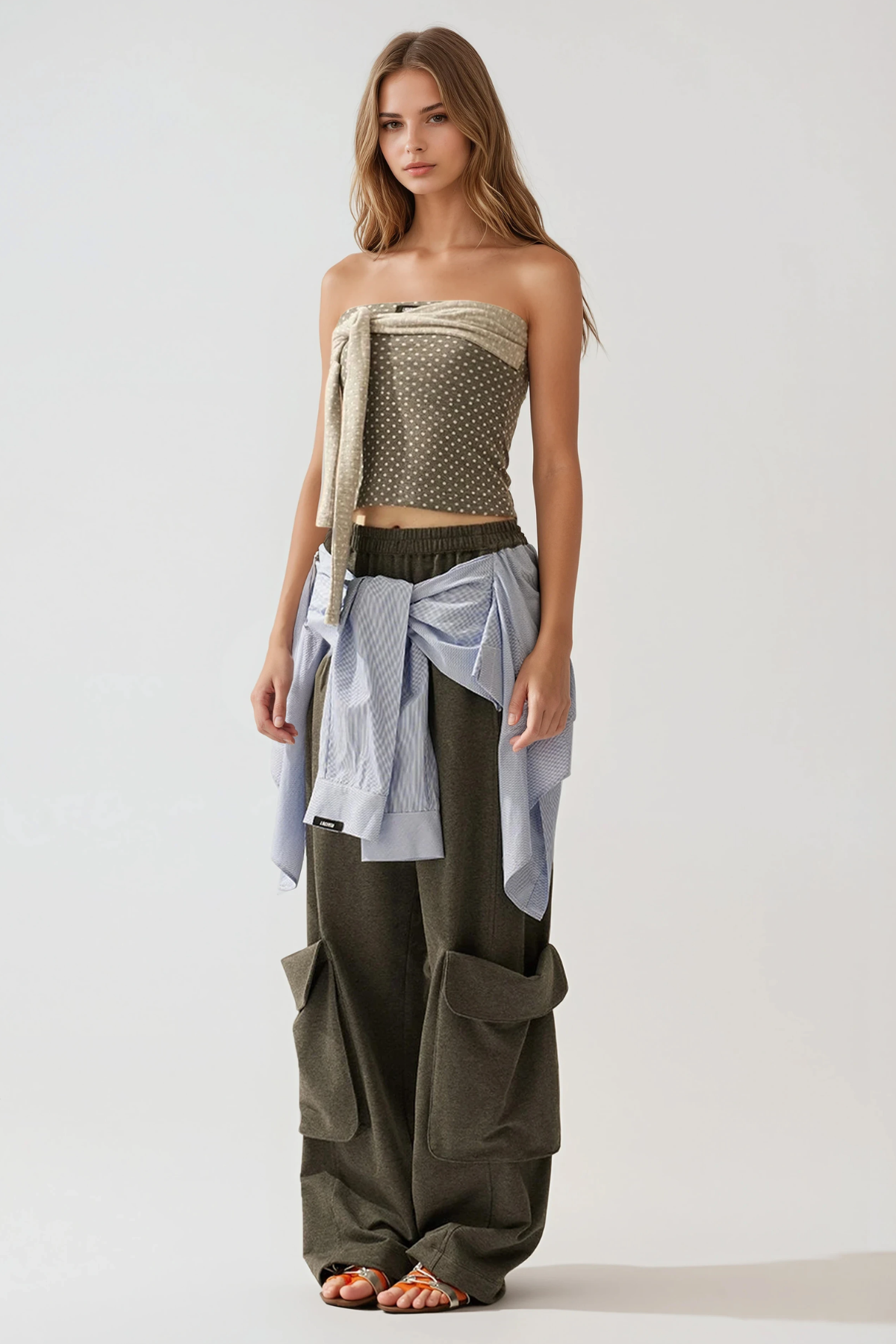 Flower Tie Up Cargo Pants In Grey