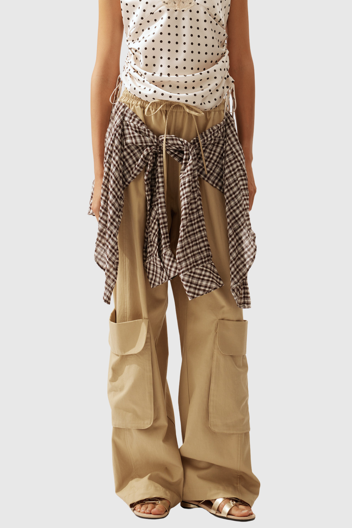Flower Tie Up Cargo Pants In Khaki