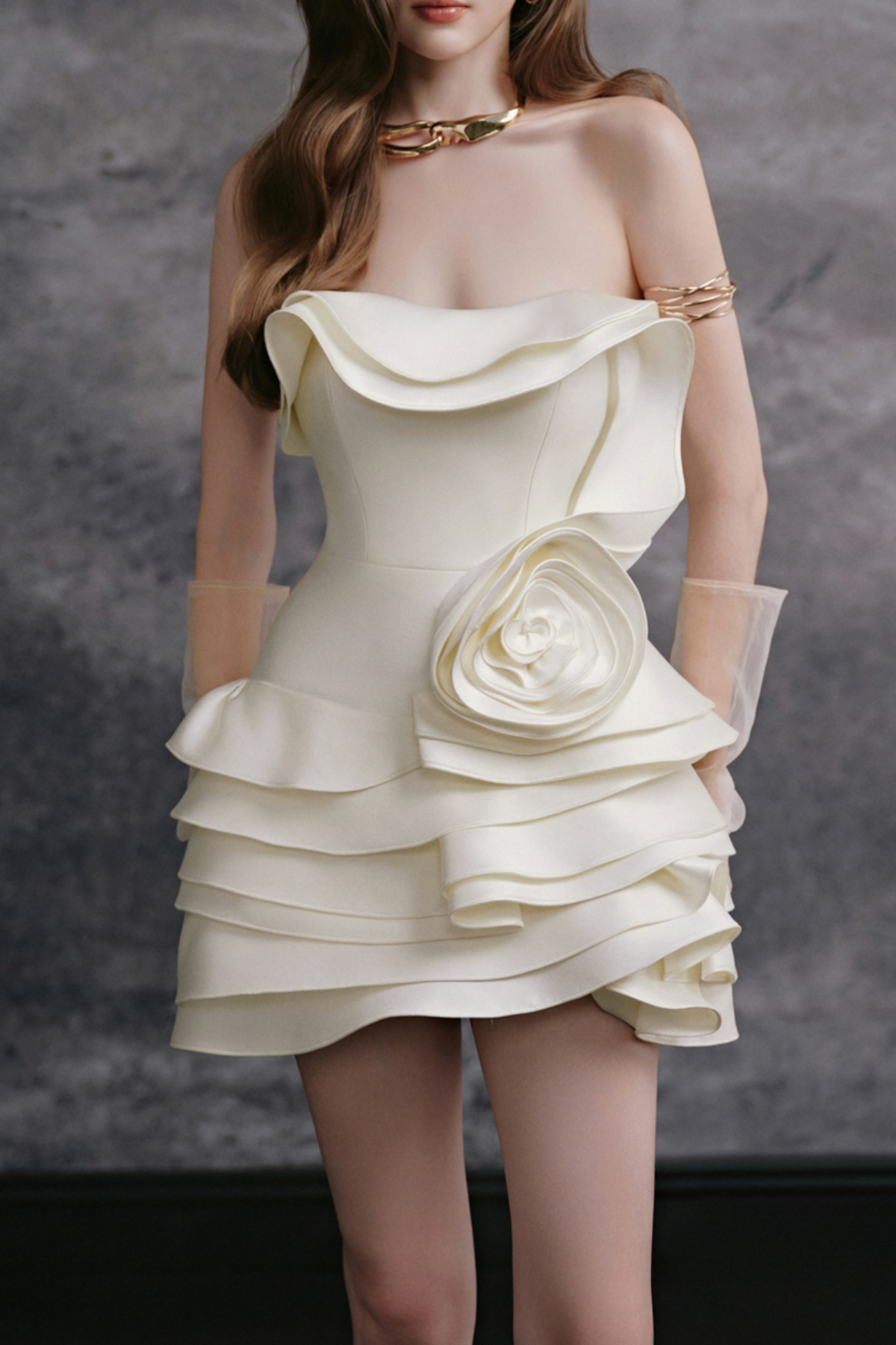 Forbes Strapless Ruffle Flower Mini Dress