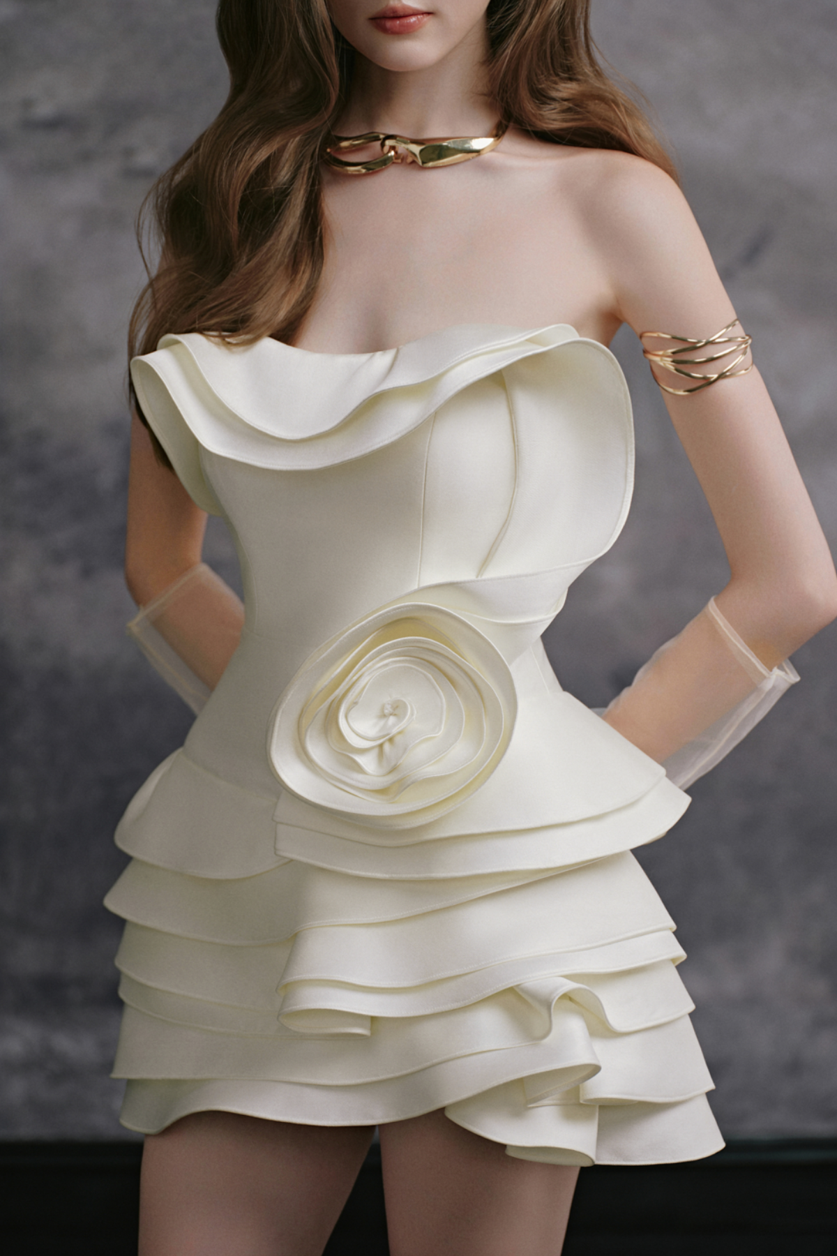 Forbes Strapless Ruffle Flower Mini Dress