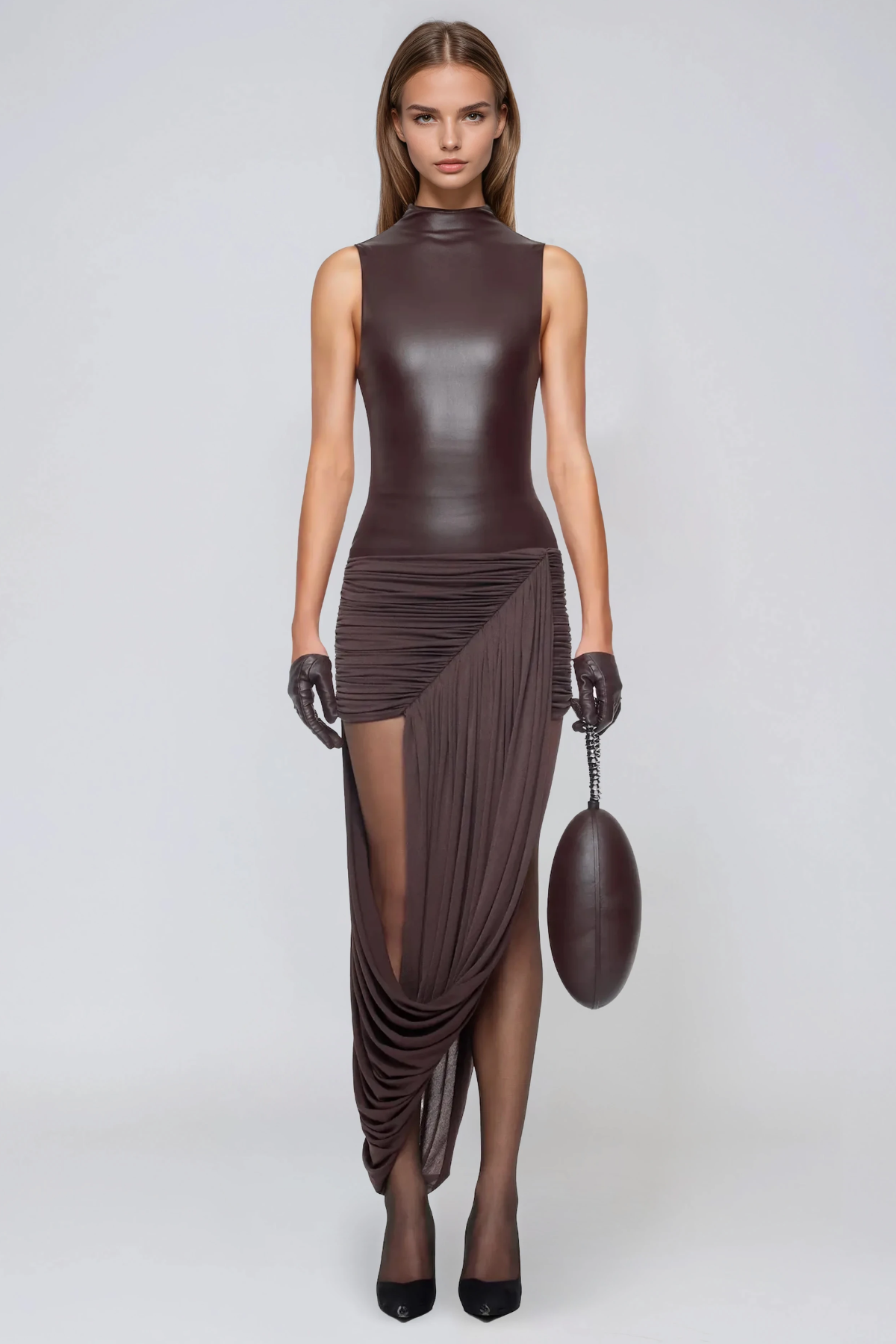 Fouad Sleeveless Draped Leather Maxi Dress