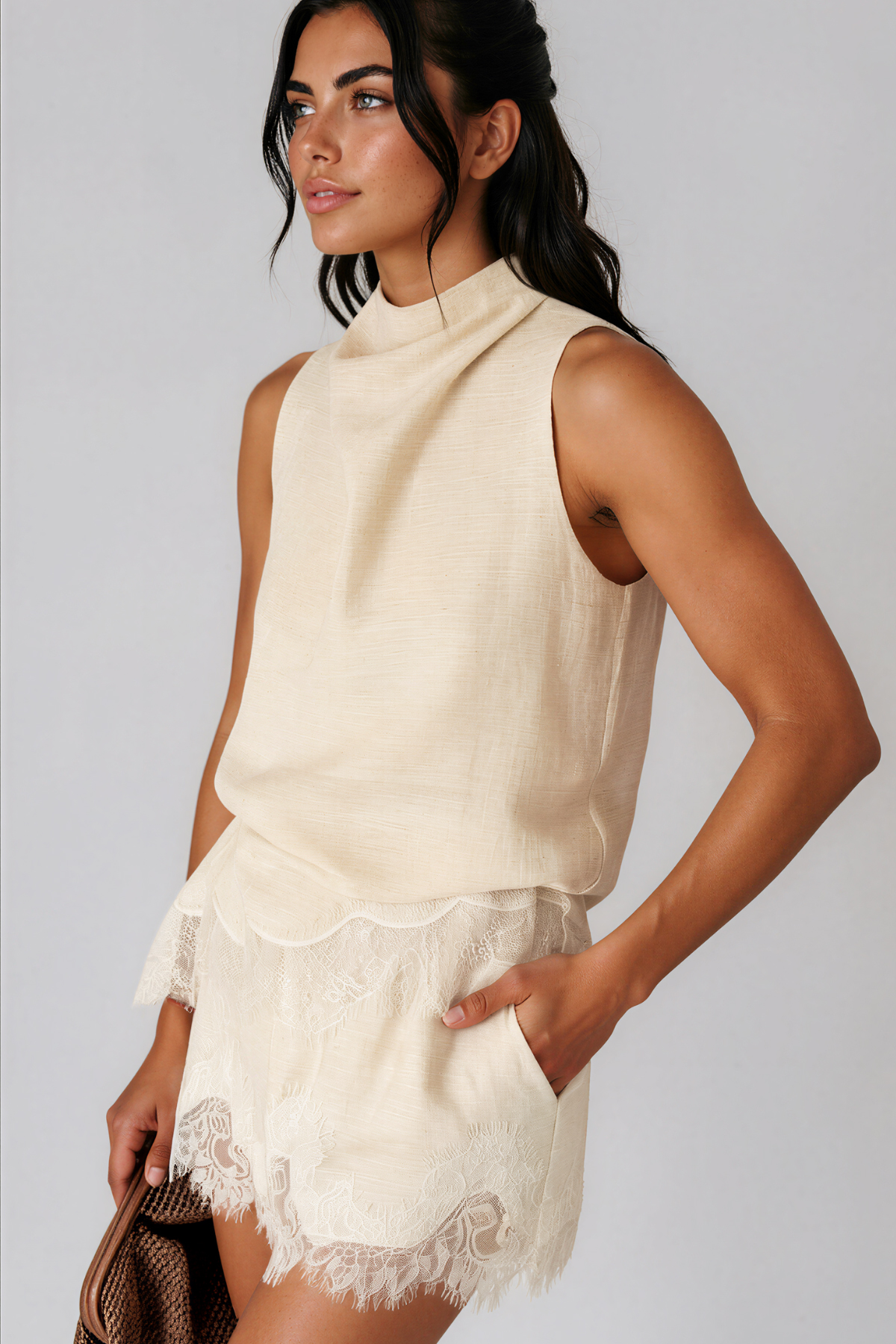 Fouzia Sleeveless Lace Shorts Set