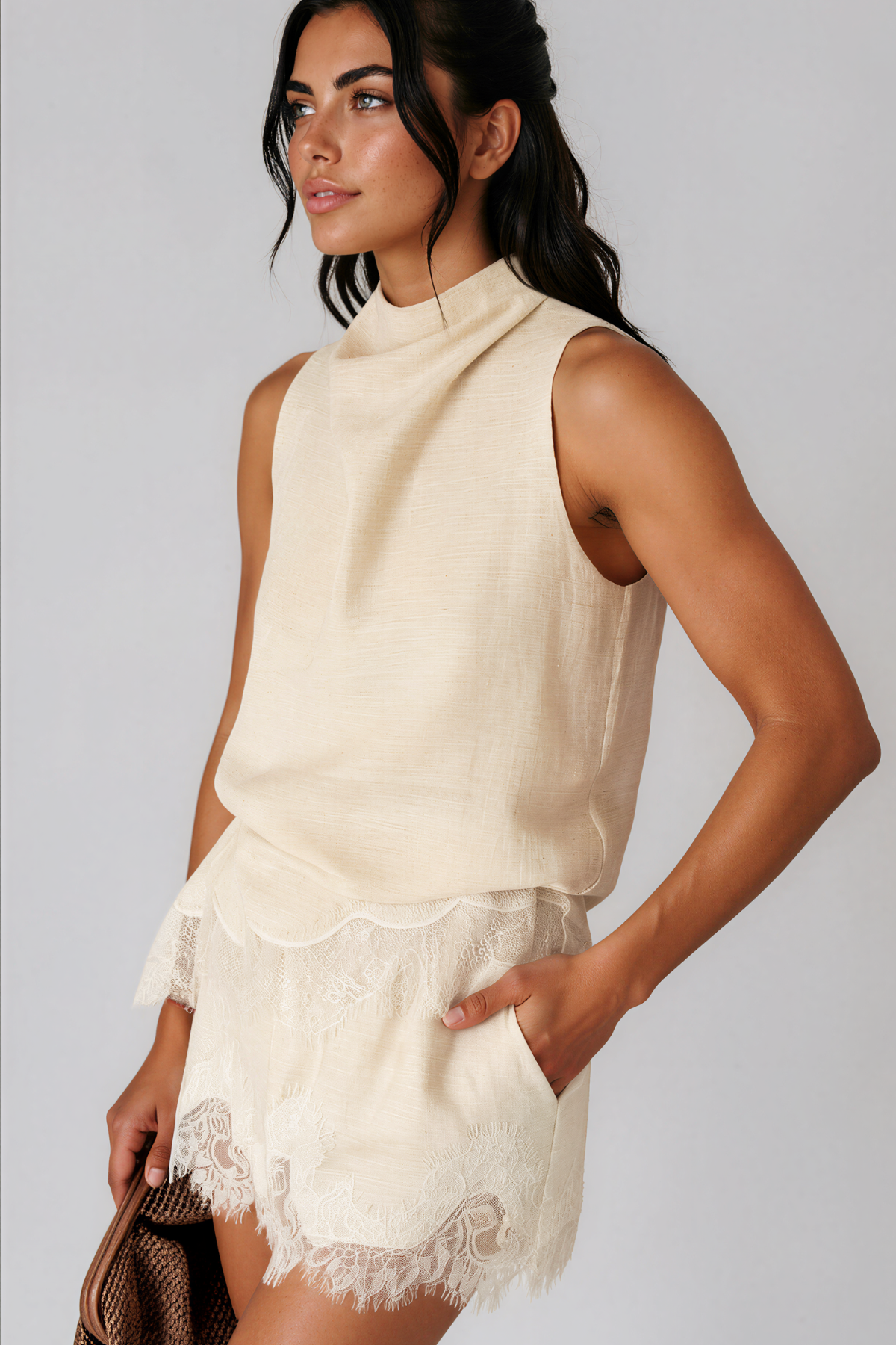 Fouzia Sleeveless Lace Shorts Set