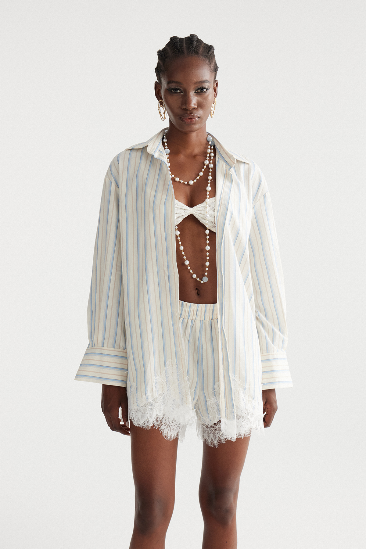 Fouzia Stripe Lace Shorts Set In Blue