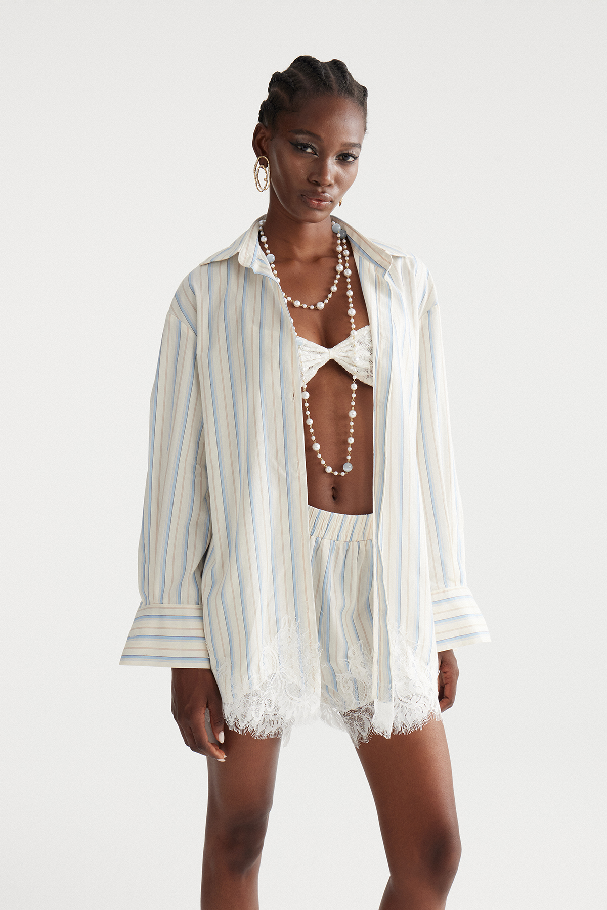 Fouzia Stripe Lace Shorts Set In Blue
