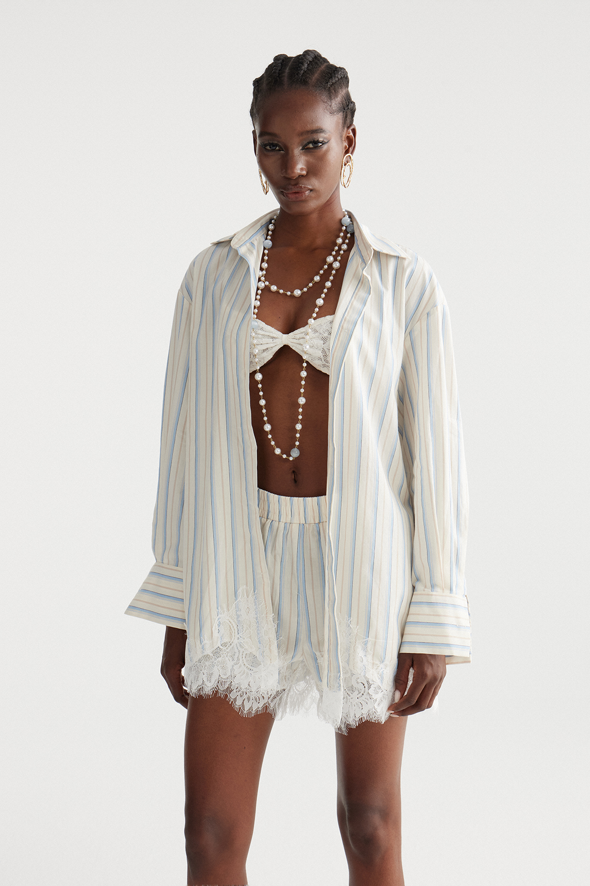 Fouzia Stripe Lace Shorts Set In Blue