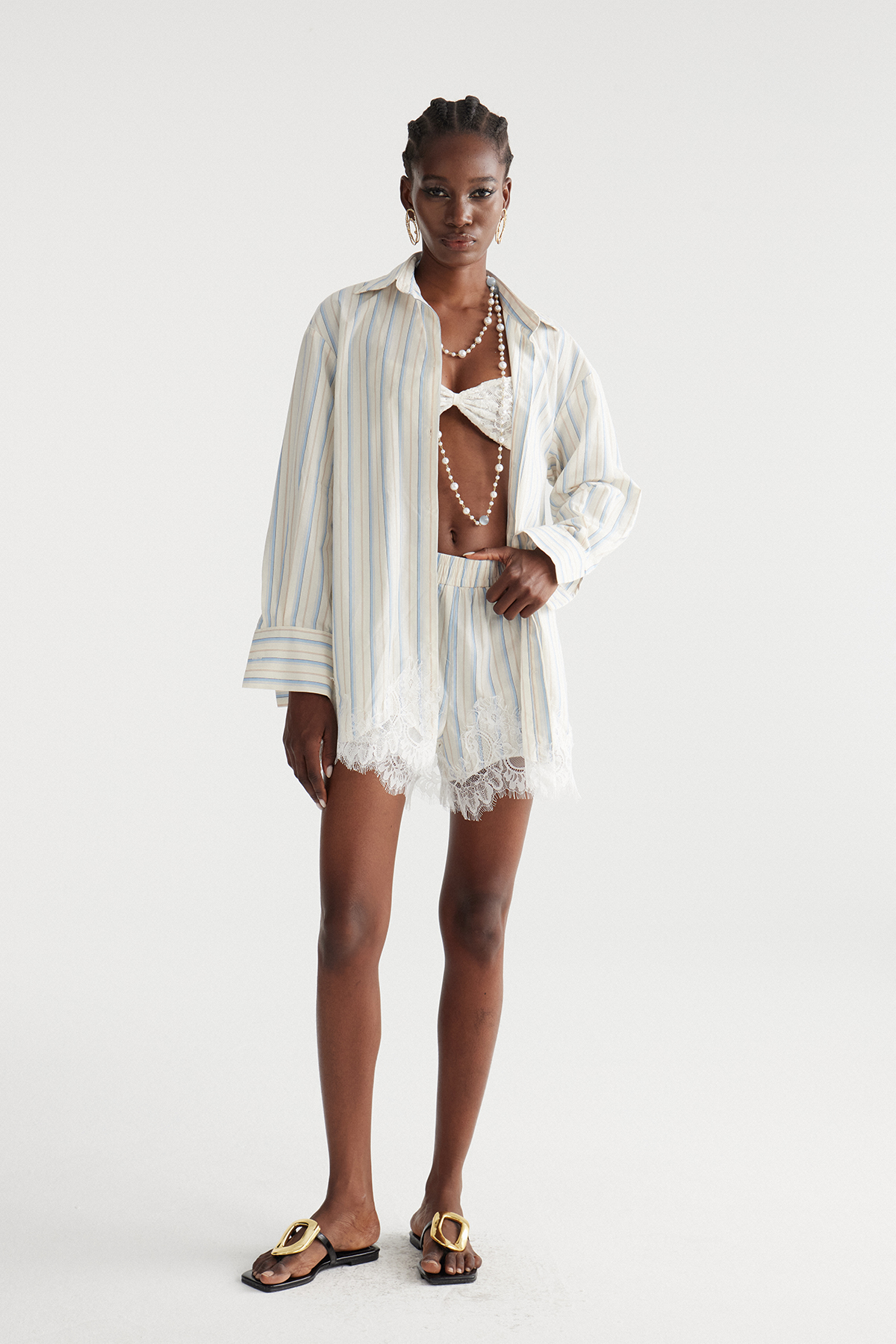 Fouzia Stripe Lace Shorts Set In Blue