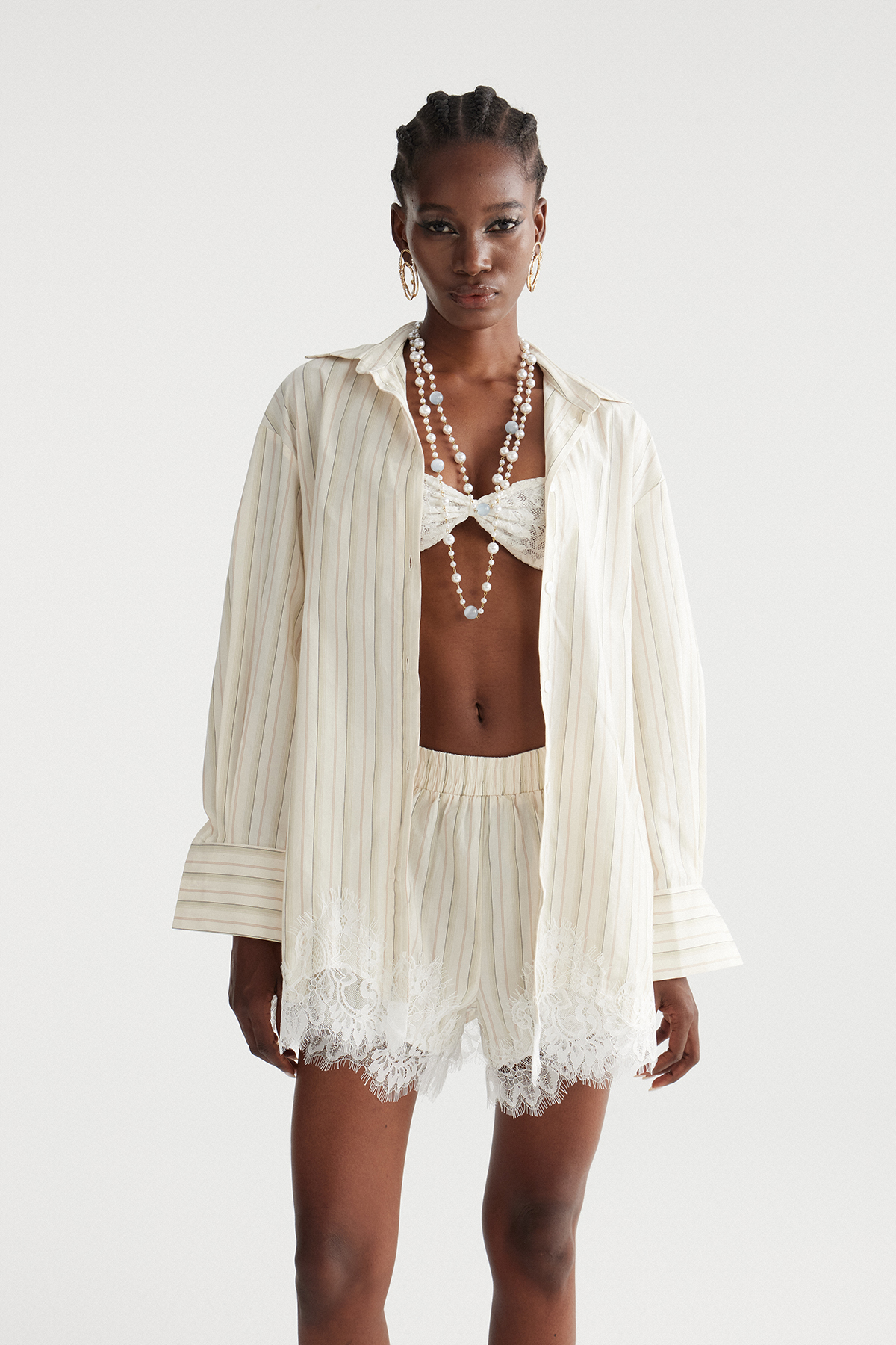 Fouzia Stripe Lace Shorts Set In Khaki