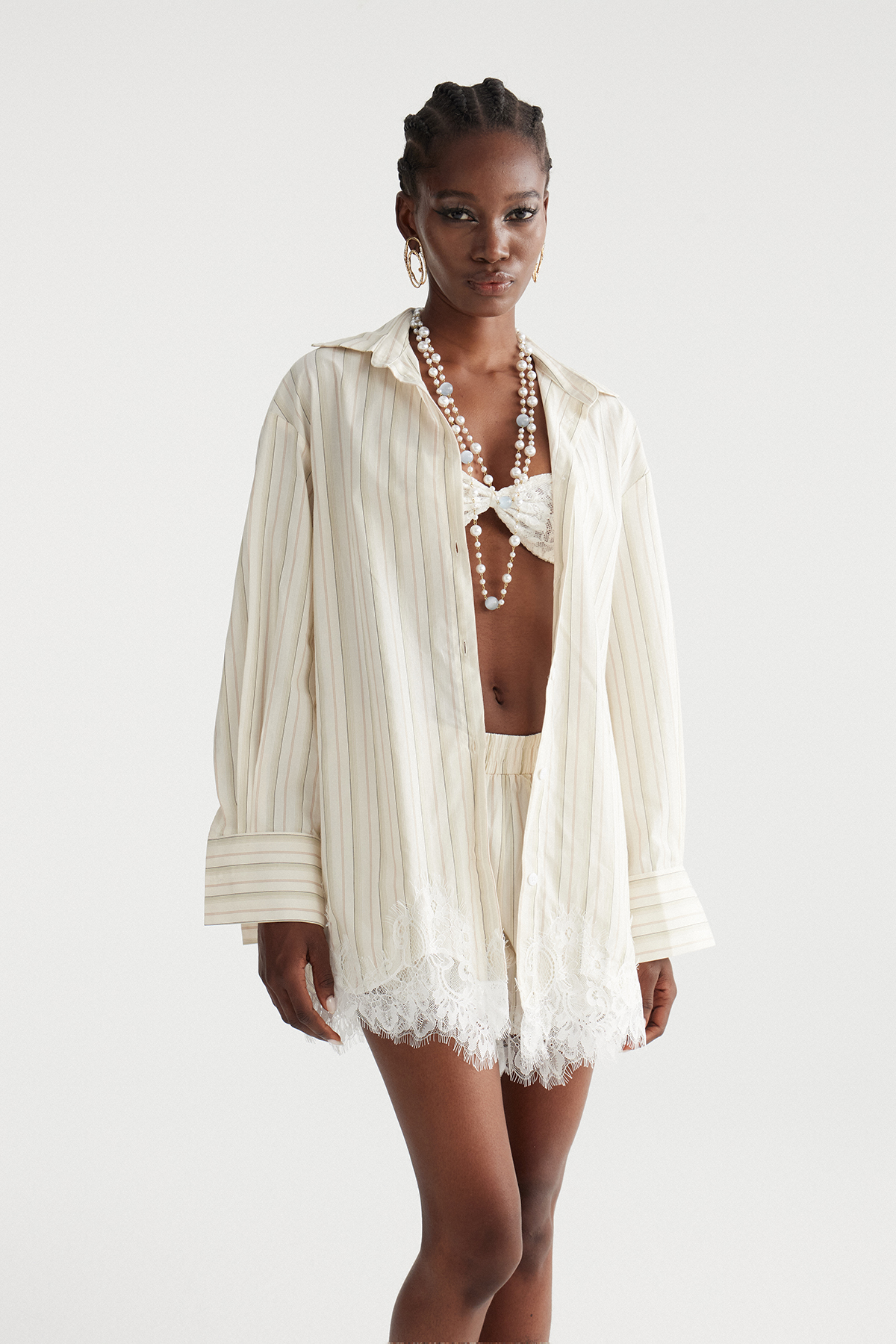 Fouzia Stripe Lace Shorts Set In Khaki