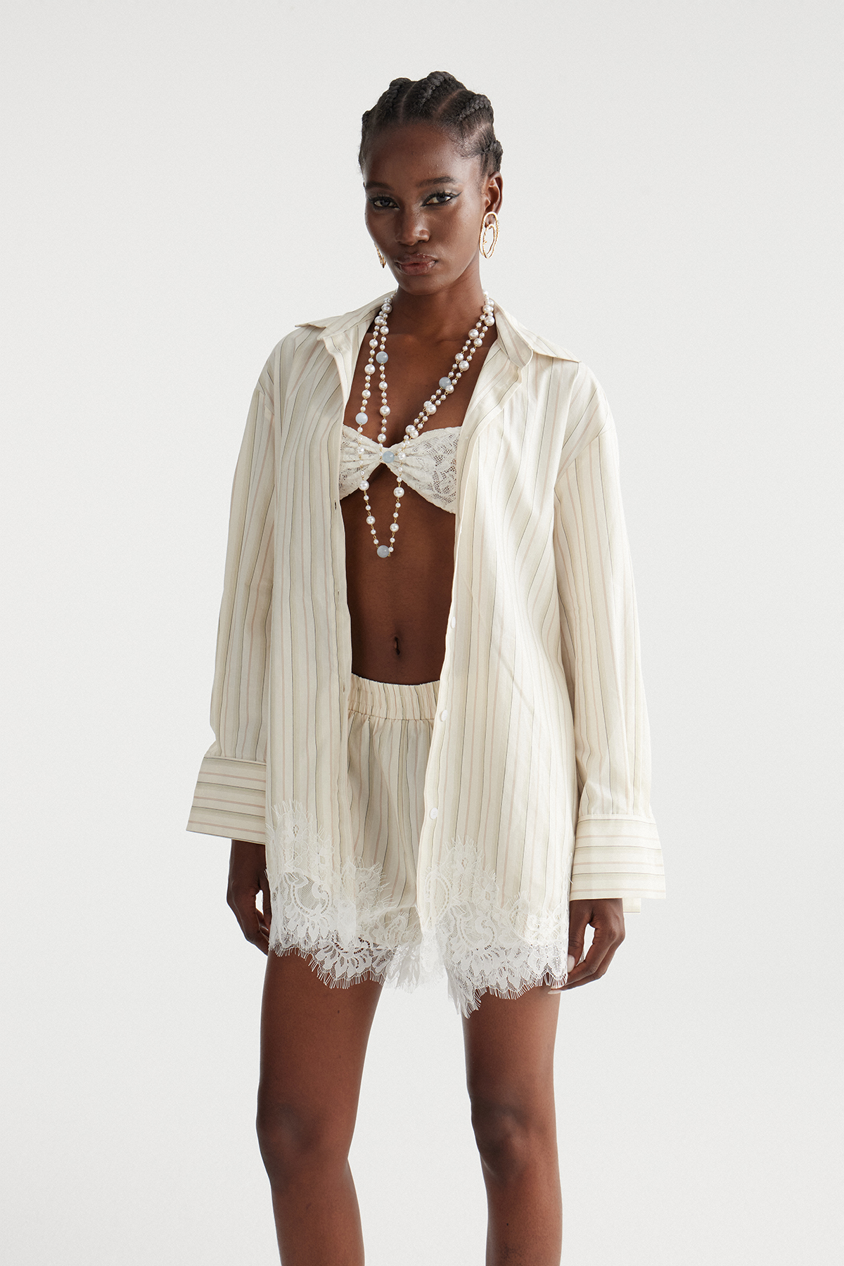 Fouzia Stripe Lace Shorts Set In Khaki