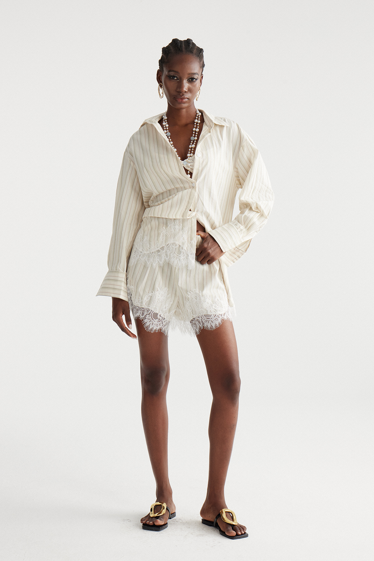 Fouzia Stripe Lace Shorts Set In Khaki
