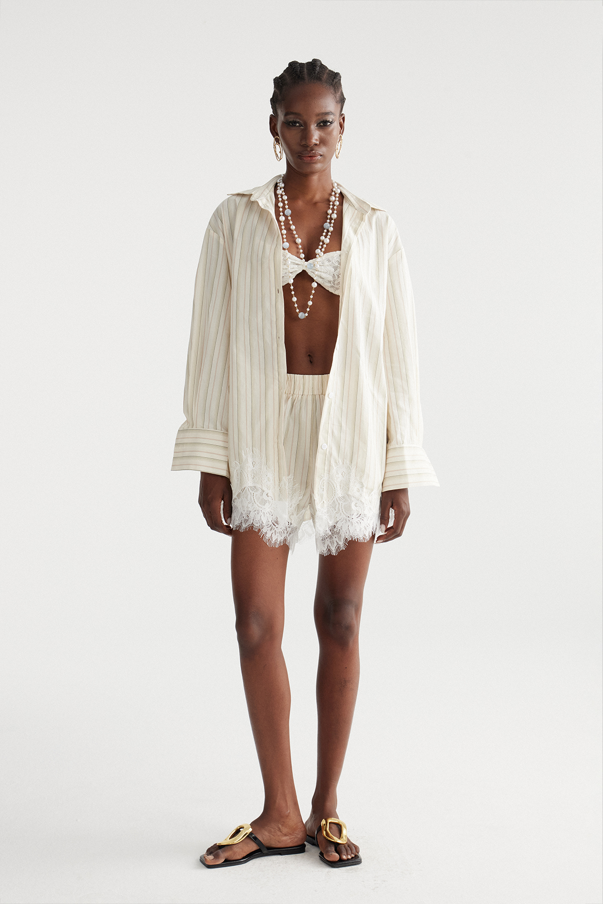 Fouzia Stripe Lace Shorts Set In Khaki