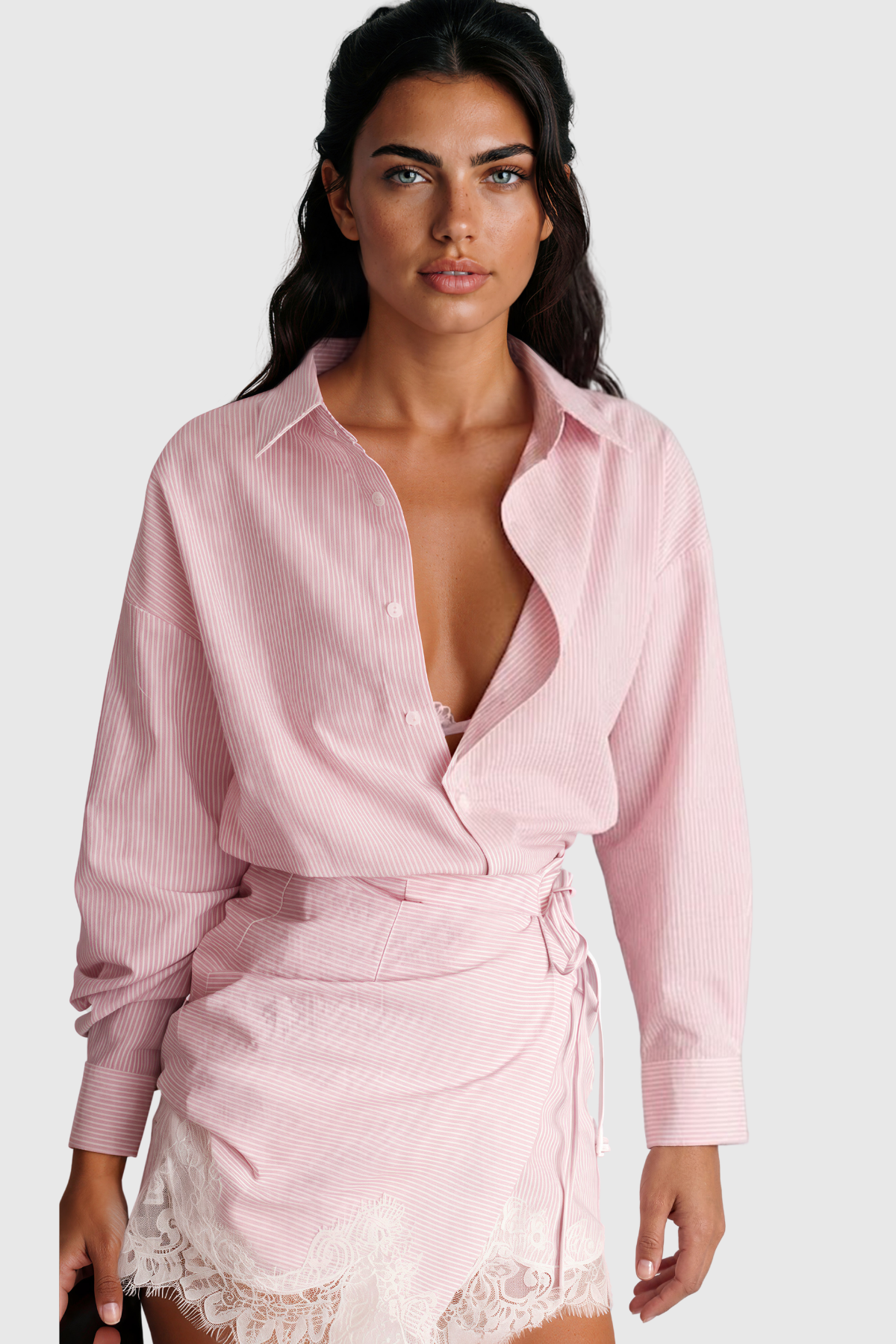 Fouzia Stripe Lace Tie Up Skirt Set