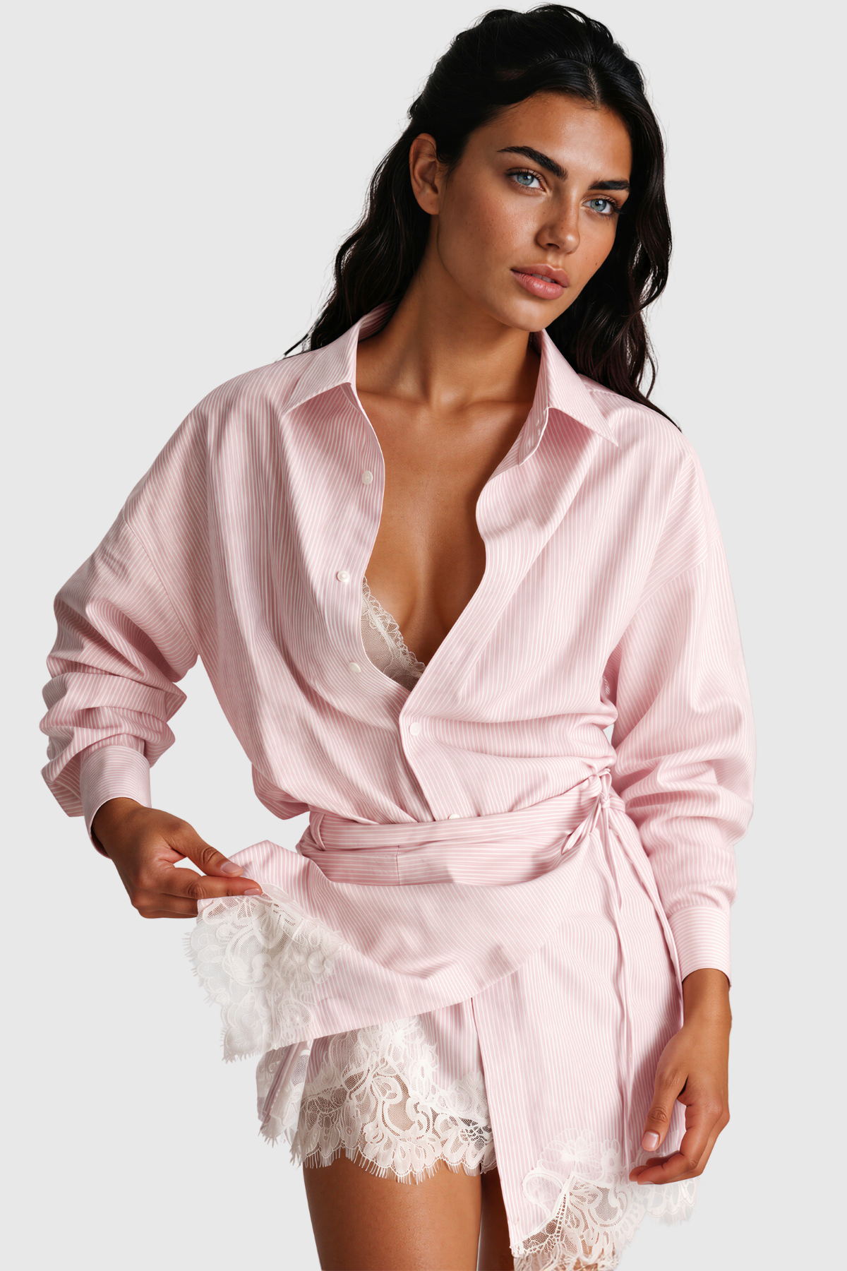 Fouzia Stripe Lace Tie Up Skirt Set