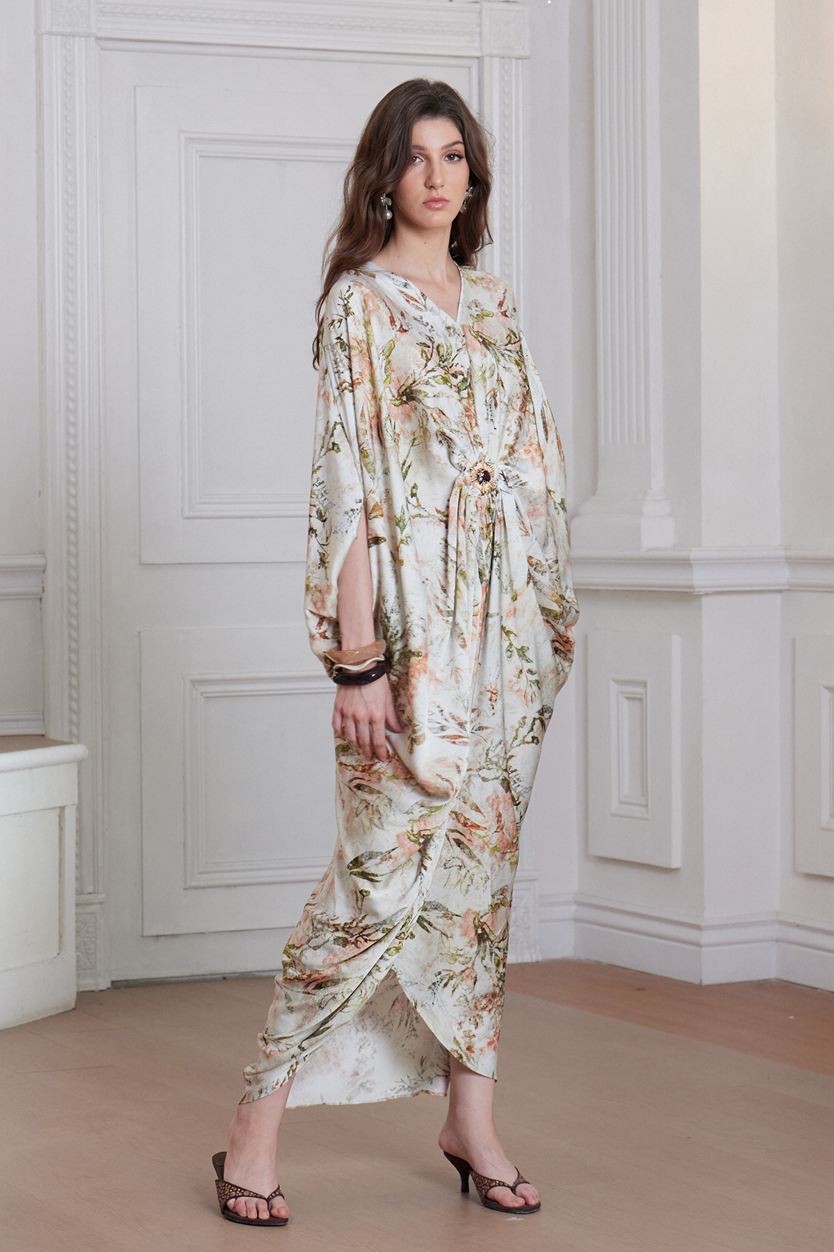 Franciska Batwing Sleeve Floral Ruch Maxi Dress