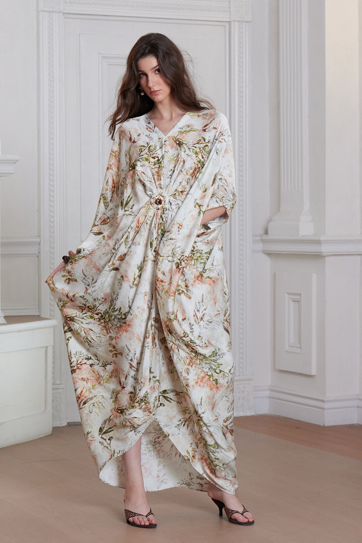 Franciska Batwing Sleeve Floral Ruch Maxi Dress