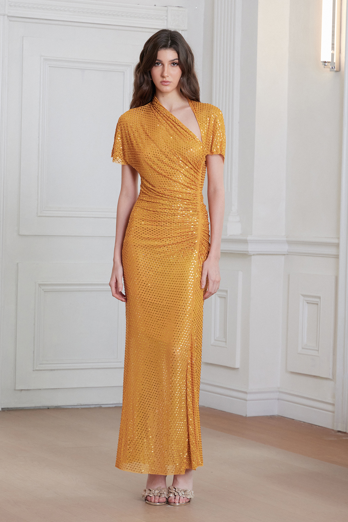 Franck Rhinestone Asymmetric Ruch Maxi Dress