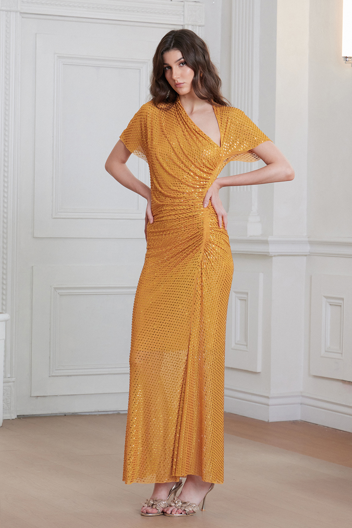 Franck Rhinestone Asymmetric Ruch Maxi Dress