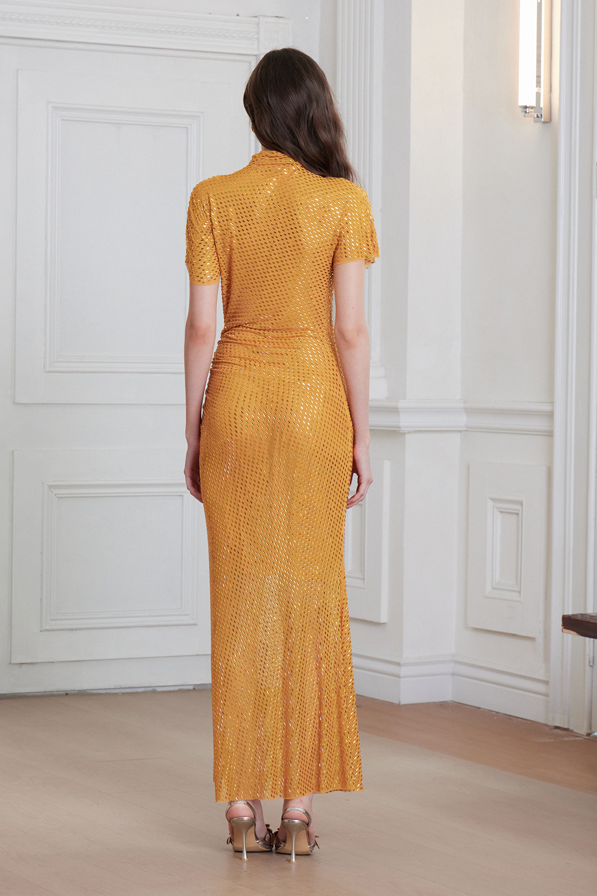 Franck Rhinestone Asymmetric Ruch Maxi Dress