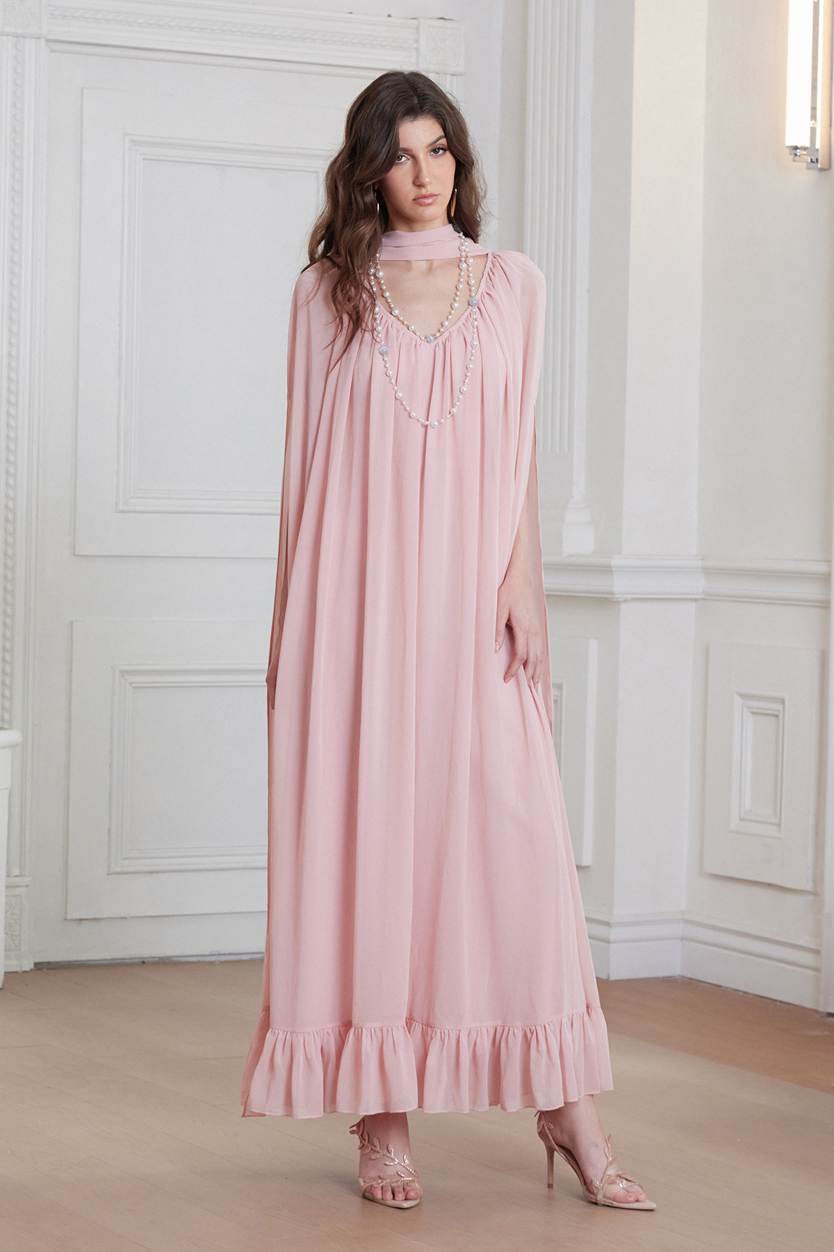 Franco Cape Sleeve Mesh Maxi Dress