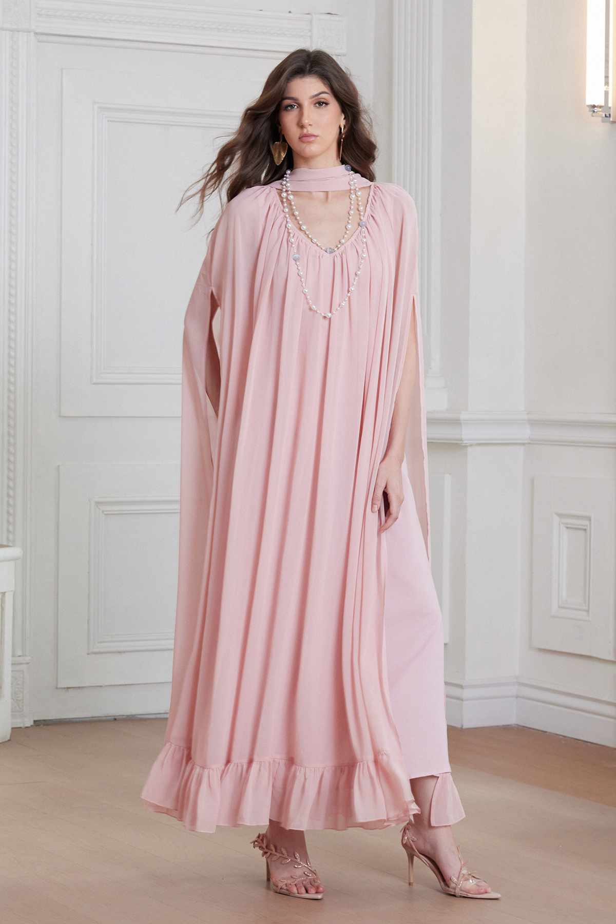 Franco Cape Sleeve Mesh Maxi Dress