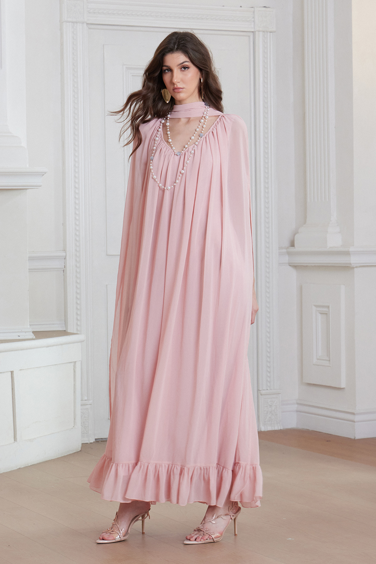 Franco Cape Sleeve Mesh Maxi Dress