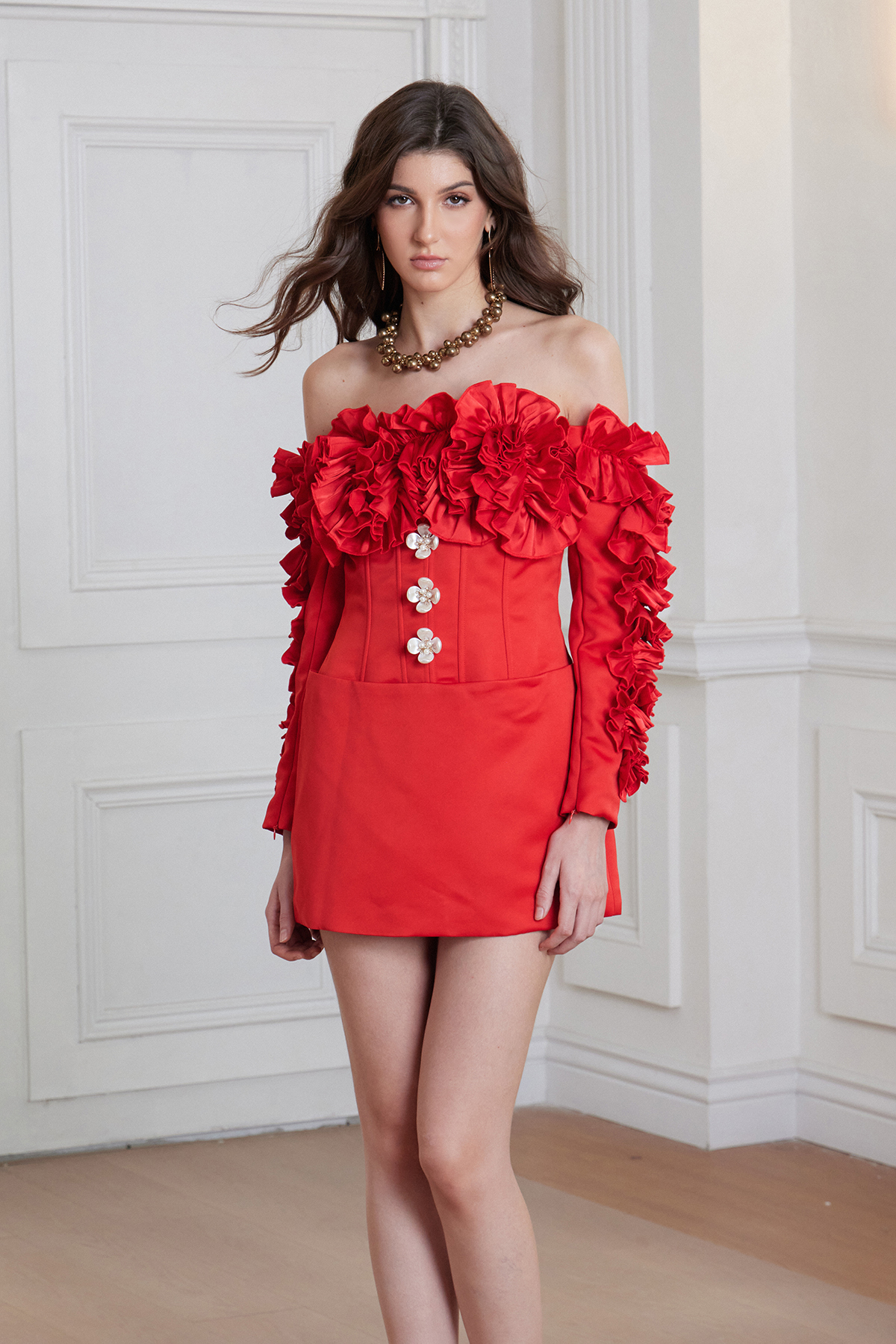 Frane Flower Off Shoulder Button Mini Dress