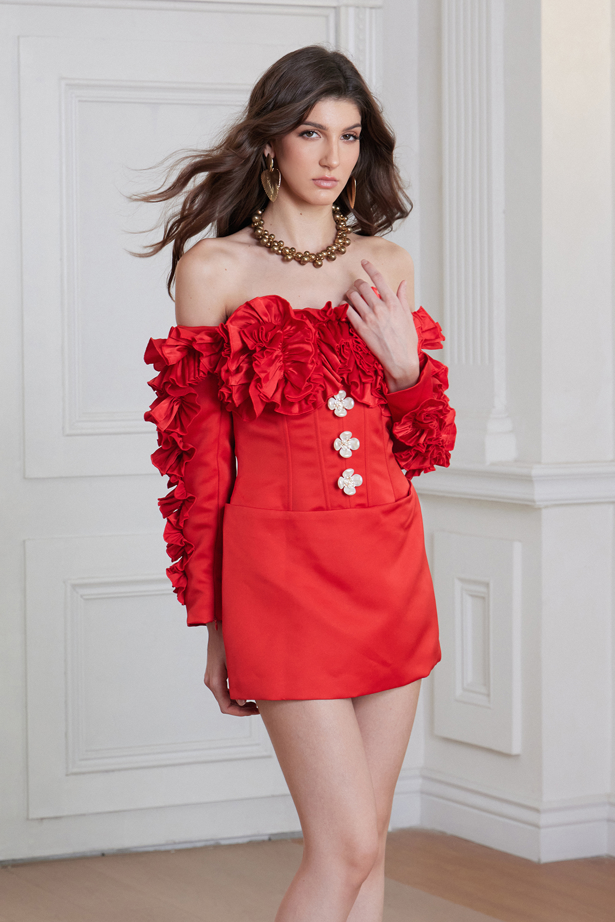 Frane Flower Off Shoulder Button Mini Dress