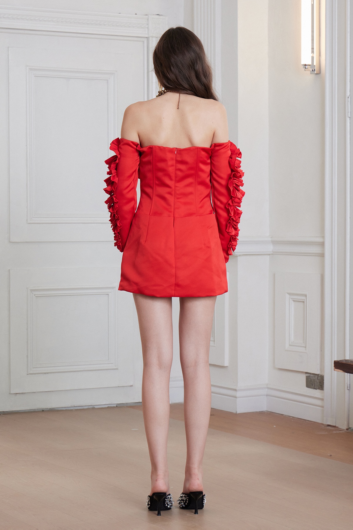 Frane Flower Off Shoulder Button Mini Dress